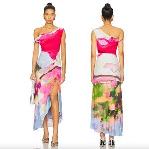AMUR Ella Printed Watercolor Jersey Maxi Dress in Sahara Sky Hot Pink Blue Gown